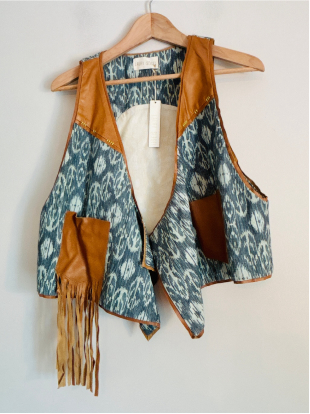 Laura Siegel Blue Brown Ikat Vegan Leather Fringe Vest Size M Southwest Festival